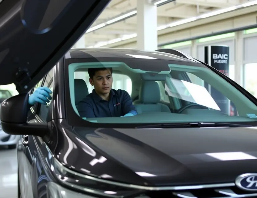 A professional automotive service center showing a technician carefully replacing a windshield on a BAIC vehicle, with clean tools and equipment visible, modern facility background, natural lighting, no people other than the technician, no text or logos