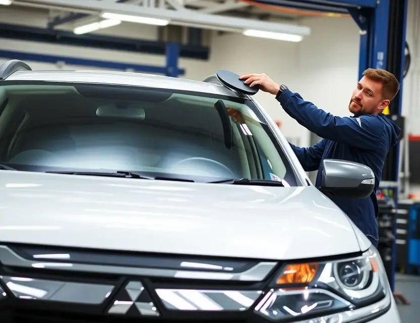 A high-quality, realistic image of a Mitsubishi car windshield replacement in a professional auto repair shop, showing a technician carefully installing a new windshield with tools and equipment, clean and well-lit environment, no text or numbers visible