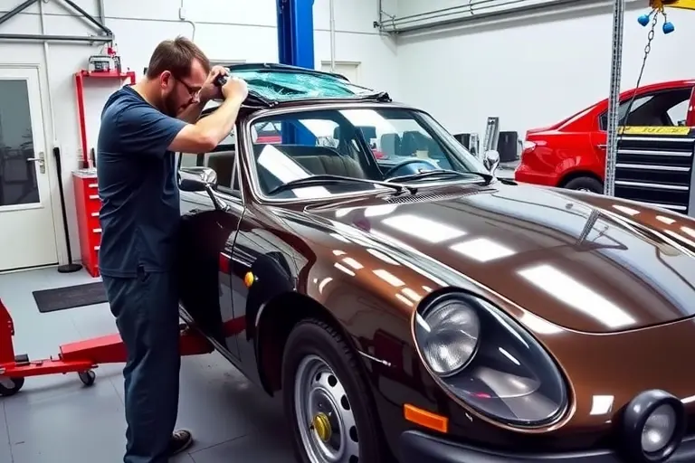 A professional mechanic in a clean workshop is carefully removing the cracked windshield of a sleek Alpine A110 1.8 Turbo sports car, with the car positioned on a lift, tools and a new windshield ready nearby, focusing on the detailed car body and glass work without any text or logos