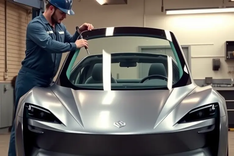 A detailed, realistic depiction of a mechanic replacing the windshield on an IM Motors LS7 electric car. The scene is set in a well-lit automotive service bay. The car is shown from a slightly low angle, front view, with the front bumper and hood visible. The mechanic, wearing a blue coveralls and a safety helmet, is carefully removing the old windshield with a specialized tool and placing a new, clear glass panel into the frame. The new windshield is slightly raised, showing the precise fit and the car’s sleek, aerodynamic front design. The background includes subtle service equipment like a hydraulic lift, a toolbox, and a wall-mounted car parts rack, but no other vehicles or people are visible. The lighting highlights the glass clarity and the metallic finish of the car, creating a clean, professional atmosphere.