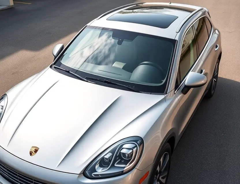 A high-quality image depicting a Porsche Cayenne with a replaced windshield. The windshield is clear and new, seamlessly integrated with the vehicle's design. The car is parked outdoors on a clean, paved surface. Focus on the detail of the replacement and the overall aesthetic of the Porsche Cayenne.