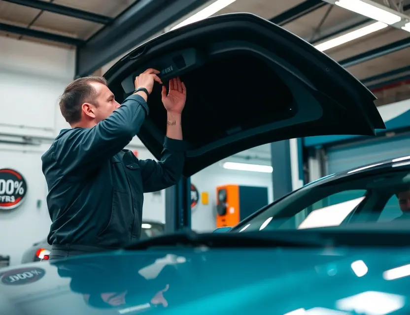 A mechanic is carefully removing a windshield from an Audi Q8 in a well-lit auto repair shop. The car is raised on a lift, and the mechanic is using specialized tools. Focus on the windshield removal process, highlighting the car's interior and the tools being used.