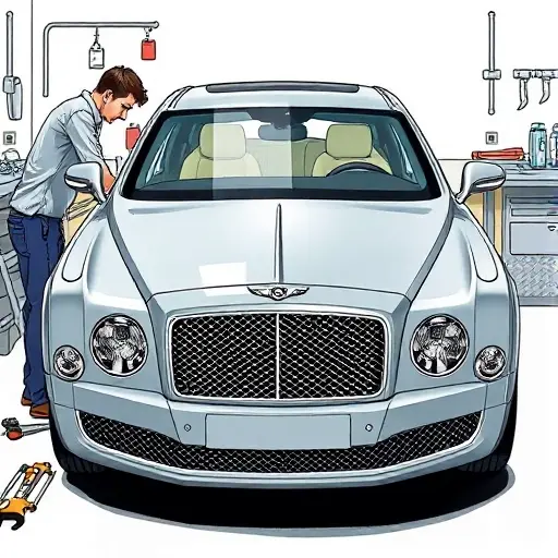 A detailed illustration of a mechanic replacing the windshield of a 2010 Bentley Mulsanne, showing the car's front, the new windshield, tools, and a workbench, with a focus on the precision of the replacement process.