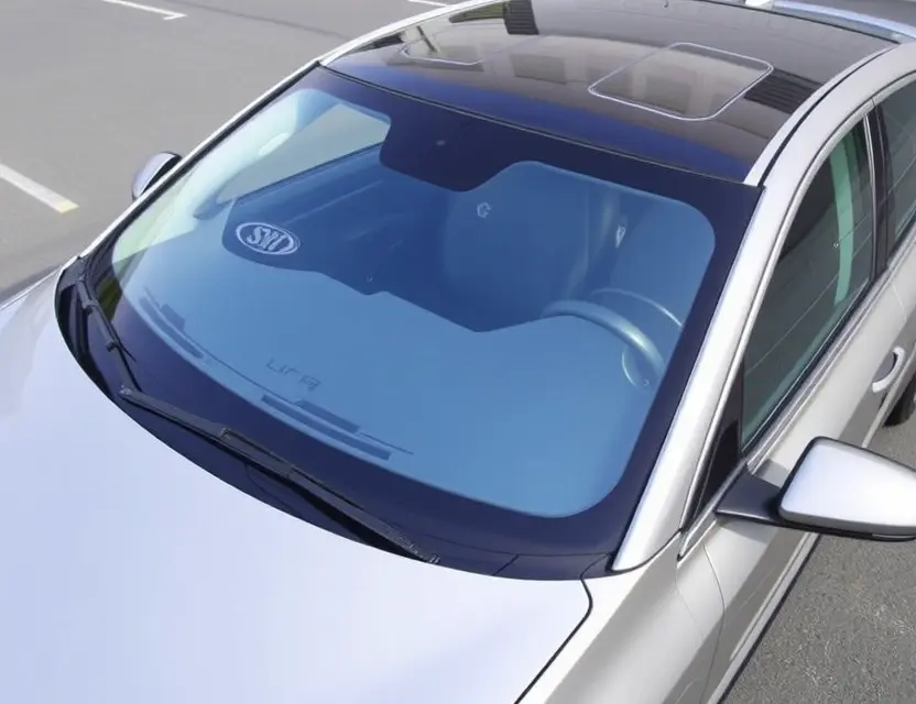 A sleek, modern Ora Ballet Cat car with a replaced windshield, showcasing the new glass. The car is parked on a clean, bright asphalt surface. Focus on the clarity and visibility of the replacement windshield.