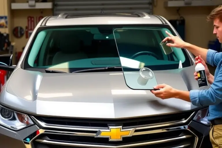 A mechanic in a garage is replacing the windshield of a 2018 Chevrolet Traverse 3.6 V6 310 hp. The image shows the front of the vehicle with the old windshield removed, the mechanic holding a new windshield, using a suction cup and a cleaning solution. The background is a workshop with tools and a service manual. The focus is on the windshield area, the mechanic's hands, and the new windshield being fitted. No text or logos should appear.