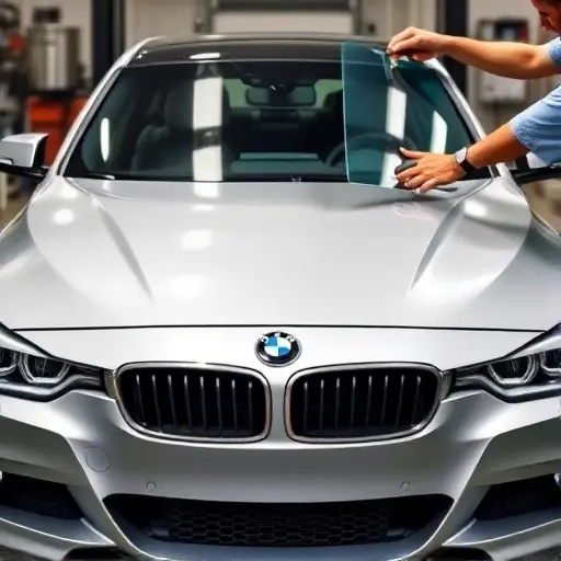 A detailed front view of a BMW 3 Series F30 with a newly installed windshield, showing the clear glass, the car's front grill, headlights, and a mechanic's hands holding a glass panel, set in a workshop environment.