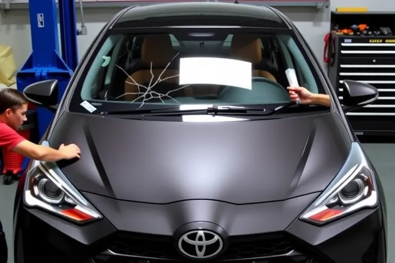 A detailed, realistic scene of a mechanic replacing the windshield on a 2020 Toyota GR Yaris 1.6 Turbo. The image shows the car in a garage setting, the front of the vehicle with the old cracked windshield removed, a new clear glass panel being fitted, tools such as a suction cup, a sealant gun, and a protective cover. The background includes a workbench, a car lift or jack, and a neatly organized tool rack. The focus is on the precision of the replacement, the clear visibility of the new glass, and the professional environment.