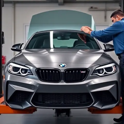A realistic workshop scene showing a mechanic replacing the windshield on a BMW M2 F87 (2018-2021). The car is on a lift, the old windshield is being removed, a new clear windshield is being installed. The focus is on the car's front, the mechanic's hands, tools, and the windshield. The background is a clean garage with subtle lighting.