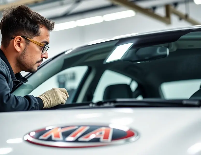 A close-up shot of a mechanic working on a Kia car windshield, focusing on the replacement process. The windshield is being removed, revealing the car's interior. The mechanic is wearing safety glasses and gloves. The background is a clean, well-lit garage.