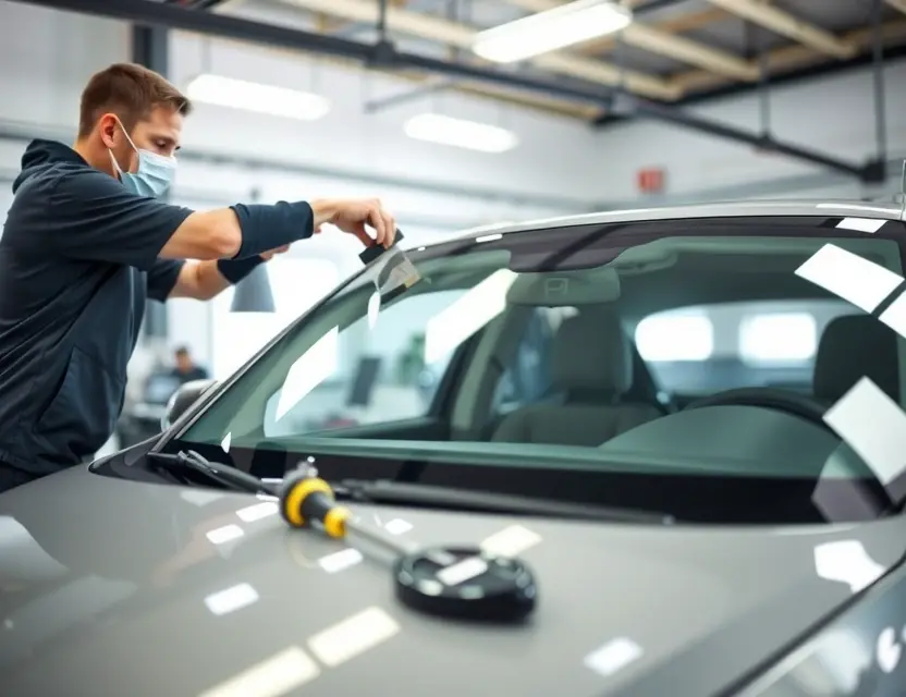 A VinFast VF9 car with a new windshield being installed by a professional technician in a clean, well-lit auto service center, showing the precise replacement process without any tools or parts scattered, focus on the windshield and car body