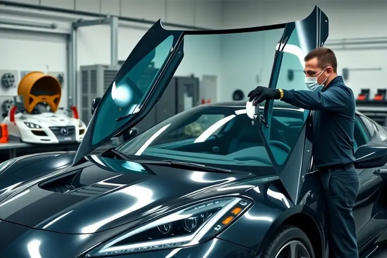 A detailed, realistic scene of a mechanic replacing the windshield on a Laraki Epitome 7.0 V8 Corvette Twin Turbo in a well-lit garage. The car is positioned on a lift, its hood open, the old windshield removed and a new one being installed. The mechanic, wearing a protective mask and gloves, is using a specialized tool to secure the new glass. The background shows a clean, organized workshop with automotive parts and a workbench. The focus is on the precision of the replacement process, the sleek design of the Laraki Epitome, and the high-quality craftsmanship.