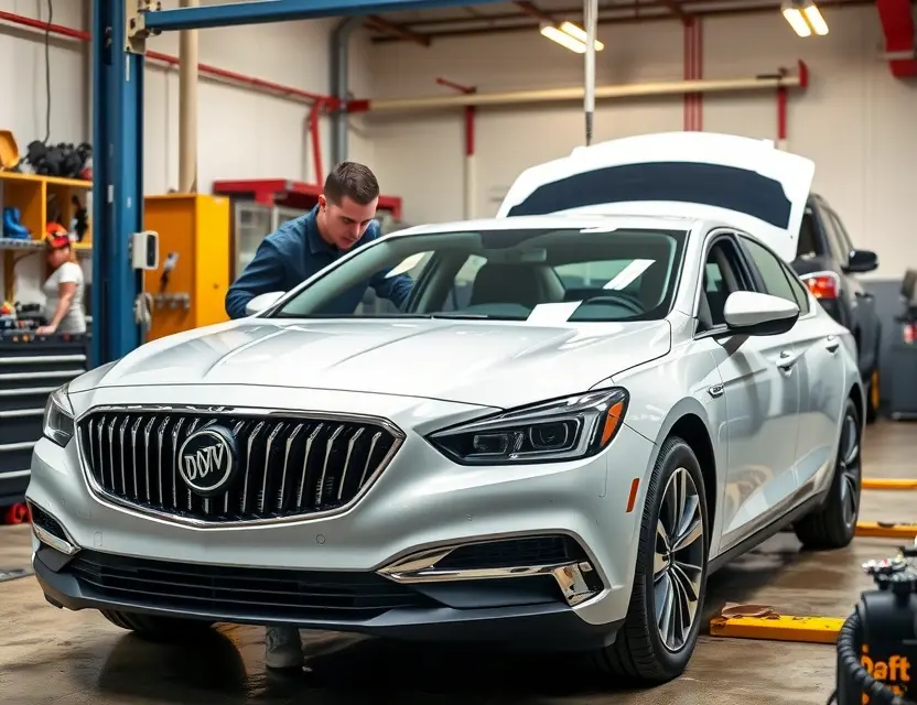 A high-quality, realistic image of a Buick Park Avenue sedan in a professional auto repair shop, showing a technician carefully installing a new windshield. The car is clean and modern, with the hood slightly open. The background features organized tools and bright workshop lighting, emphasizing safety and precision. No text, logos, or watermarks are visible.