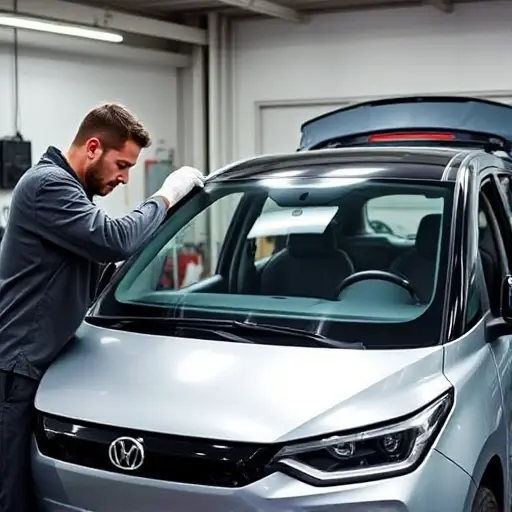 A mechanic in a garage, wearing gloves and a protective jacket, carefully installing a new windshield on a Baojun E300 electric car. The car is partially open, showing the front area where the windshield is being replaced. The scene includes tools, a workbench, and a clear view of the windshield being fitted. The setting is a clean, well-lit workshop with a focus on the replacement process.