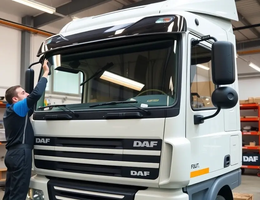Замена лобового стекла DAF A professional mechanic replacing the windshield on a DAF truck in a clean auto repair shop, showing the truck's front cabin with the old glass removed and new glass being installed, high quality automotive photography, realistic lighting, detailed vehicle parts, no text or logos