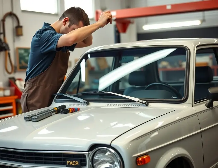 Замена лобового стекла Datsun mi DO A car mechanic replacing the front windshield of a Datsun mi DO, showing tools and new windshield in a well-lit garage setting, professional automotive repair environment