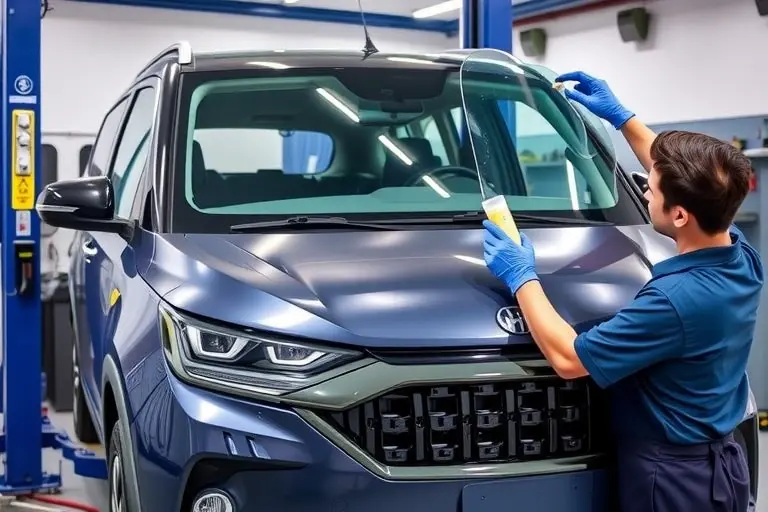 A mechanic replacing the windshield of a 2021 Changan UNI T 2.0 Turbo 233 hp in a garage setting, showing the car on a lift, the old windshield removed, a new windshield being installed with tools like suction cups and a cleaning solution, the mechanic wearing gloves and a protective apron, with a clean, professional workshop background.