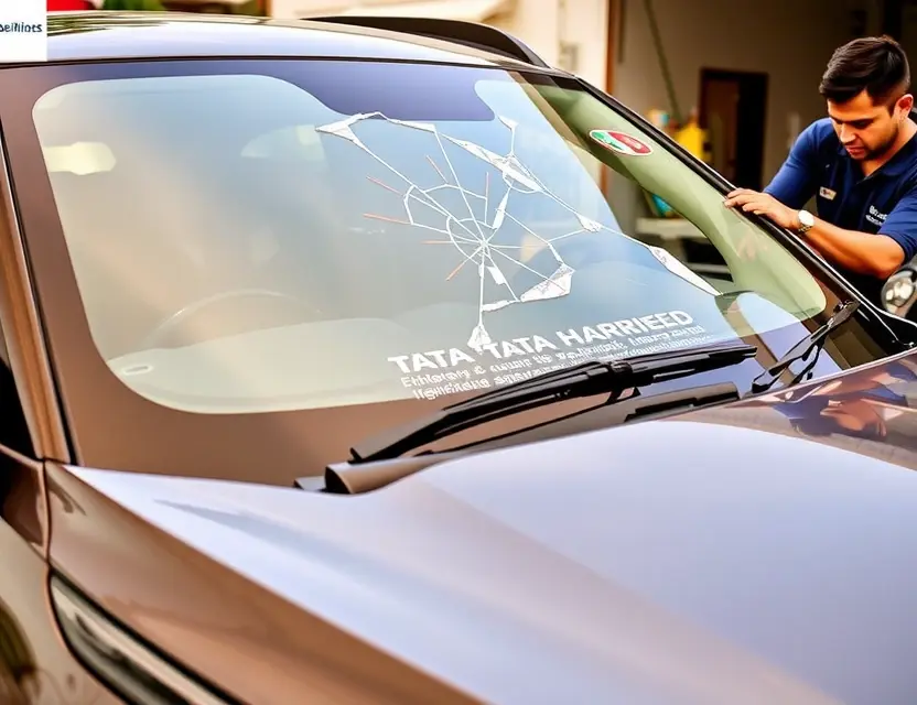 A Tata Harrier with a cracked windshield being replaced by a mechanic. The scene should be outdoors, showing the car and the repair process. Focus on the replacement of the windshield.
