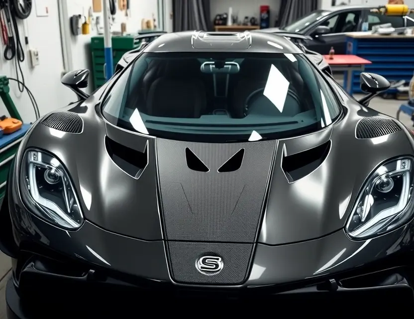 A detailed and realistic image of a Koenigsegg Agera RS with its front windshield removed, showcasing the interior and the surrounding area. The car should be in a well-lit garage or workshop, with tools and equipment visible around it. The focus should be on the precision and craftsmanship involved in the process of replacing the windshield.
