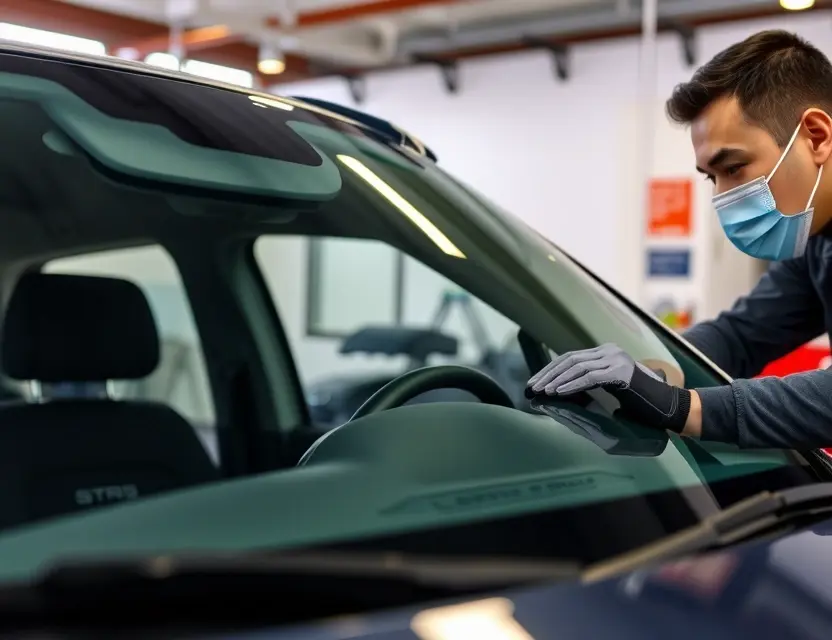 A close-up shot of a Xiaomi SU7 Ultra car windshield being replaced by a technician. The technician is wearing gloves and a safety mask. The replacement windshield is being carefully installed. The background is a clean, well-lit garage or workshop. Focus on the technical process and the replacement windshield.