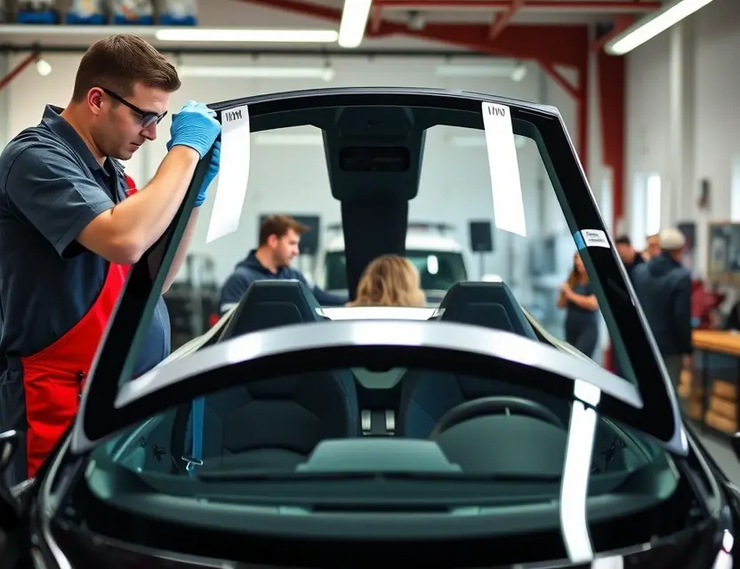 Замена лобового стекла IM Motors LS7 A professional technician replacing the windshield of an IM Motors LS7 electric vehicle. The scene should include the car parked in a well-lit garage or service bay, with the technician carefully removing the old windshield and preparing to install the new one. The technician should be wearing appropriate safety gear, such as gloves and goggles. The car's interior should be visible through the windshield area, showing the modern and sleek design of the LS7. The background should include various