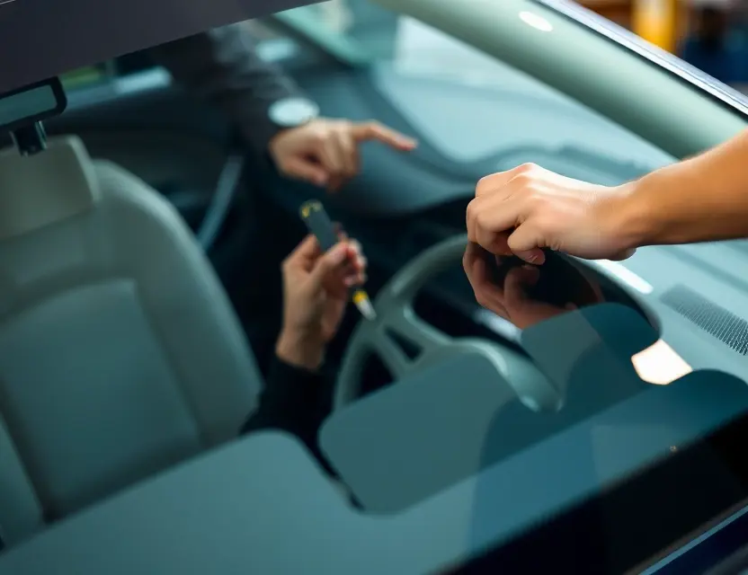 A close-up shot of a car windshield being replaced by a technician. The windshield is being held in place while the new one is being installed. Focus on the hands and tools involved in the replacement process. The car is a modern sedan, partially visible in the background.