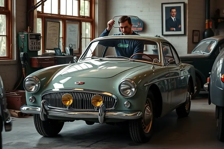 A classic 1950s AC Ace 2.0 L automobile parked in a vintage garage, with a skilled mechanic carefully removing the old windshield and installing a new, clear glass windshield. The scene shows the car's distinctive sleek bodywork, chrome details, and period-appropriate tools and equipment, all rendered in high detail and realistic lighting.