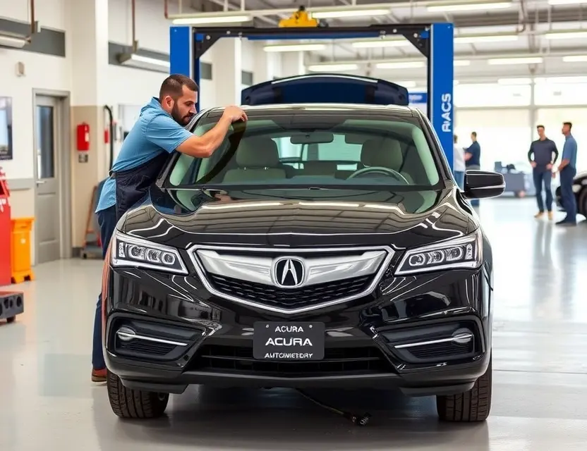 A professional automotive service center showing a technician carefully replacing the windshield of an Acura MDX, with modern tools and equipment, clean and well-lit environment, no people in the background, focus on the car and the replacement process