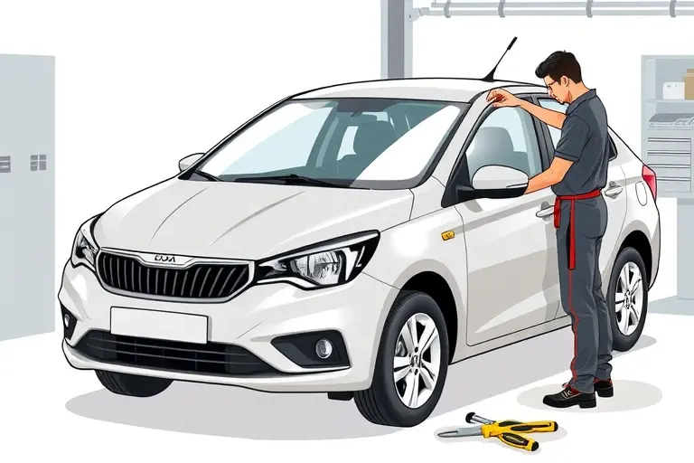 A realistic illustration of a mechanic replacing the windshield on a 2015 LADA Vesta 1.6 L 98 hp, showing the car's front, the new windshield, the mechanic's tools, and the replacement process, with no text or digits.