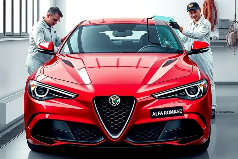 A high‑detail illustration of an Alfa Romeo Giulia 2.9 V6 Biturbo 540 hp parked in a modern garage, with a technician in clean workwear carefully removing the cracked windshield and positioning a brand‑new glass windshield ready for installation. The focus is on the sleek lines of the car, the distinctive Alfa Romeo front grille, and the precise, professional replacement process, captured from a slightly elevated angle to show both the vehicle and the work area clearly.