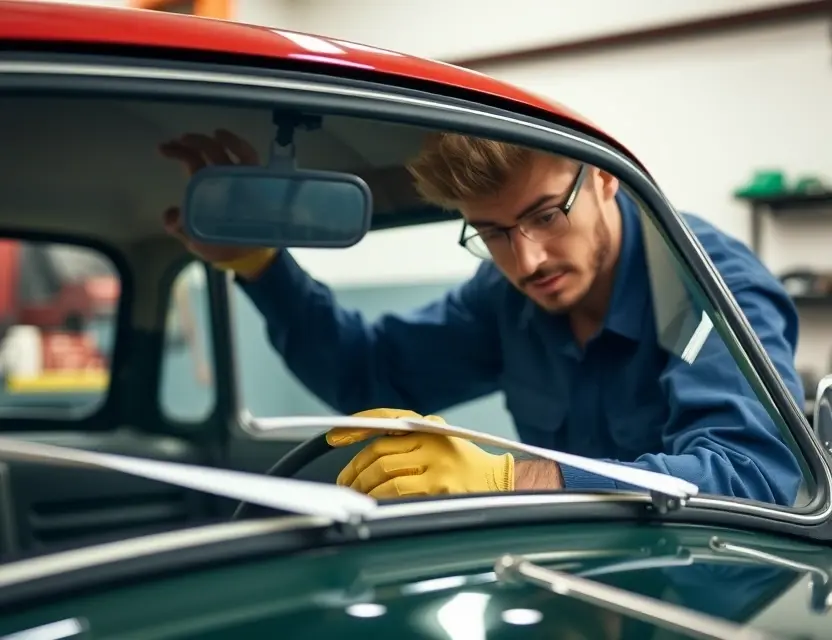 A close-up shot of a mechanic working on the windshield of an Austin A30 car. The mechanic is wearing a safety glasses and gloves. The car is parked in a garage. Focus on the windshield replacement process.