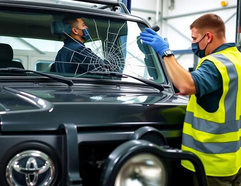 A Toyota Land Cruiser with a cracked windshield being replaced by a mechanic. The mechanic is wearing a safety vest and gloves, and the replacement windshield is being installed. The background shows a garage or workshop setting.
