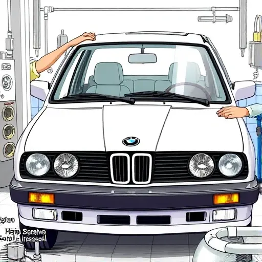 A detailed illustration of a mechanic replacing the windshield of a BMW 3er E30 1.6 L 102 hp (1987-1991) in a workshop setting, showing the car's front, the old windshield removed, the new windshield installed, tools such as a suction cup, a sealant dispenser, a hand‑held vacuum, and a protective cover. The scene should emphasize the precision of the replacement process, with focus on the car's front fascia, the clear glass, and the mechanic's hands. No text or lettering should appear in the image.