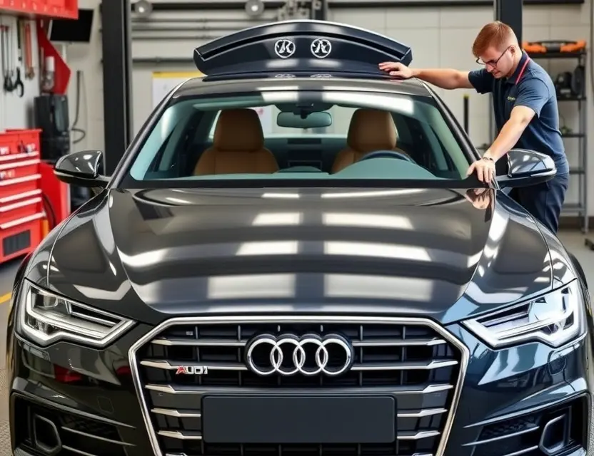 A high-quality, realistic image of an Audi A8 sedan in a professional auto repair shop, showing the front windshield area with the old glass removed and a new windshield being carefully installed by a technician. The car is clean, well-lit, and the focus is on the precise fit of the new glass and the surrounding frame. The background shows organized tools and a clean workshop environment, emphasizing safety and precision.