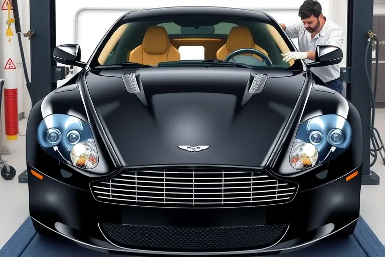A high‑detail illustration of a 2004 Aston Martin DB9 with its front windshield being professionally replaced in a clean garage setting. Show the car positioned on a lift, the old windshield partially removed, and a new glass panel being aligned by a skilled mechanic wearing a white work shirt and gloves. Emphasize the sleek lines of the DB9, the glossy black paint, and the precision tools (suction cups, trim removal tools) around the vehicle. The lighting should highlight the reflective surface of the new windshield and the polished metal of the car, creating a realistic, high‑quality automotive service scene.