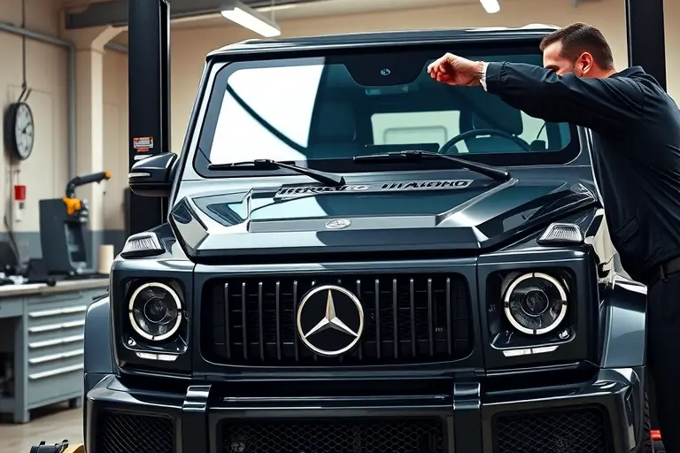 A realistic workshop scene showing a skilled mechanic replacing the windshield on a Mercedes-Benz G63 AMG 4.0 V8 Turbo. The image should depict the vehicle on a lift, the old windshield partially removed, a new clear glass panel being fitted, with tools such as a suction cup, a glass cutter, and a torque wrench visible. The focus is on the precision of the replacement process, with the G63’s distinctive front grille and LED headlights in the background. The setting should be a well-lit, professional automotive repair shop with a clean, organized workbench and safety equipment. The scene should convey a sense of expertise and attention to detail, highlighting the high-end nature of the vehicle and the meticulous work involved in the windshield replacement.