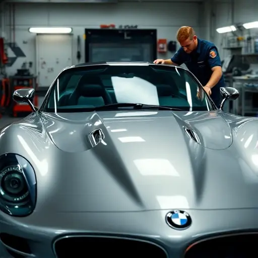 A detailed scene of a Wiesmann MF5 5.0 V10 sports car (resembling a 2009 BMW 507) in a professional garage, with a mechanic carefully removing the old windshield and installing a new one. The focus is on the sleek car body, the glass panels, and the tools used for the replacement, captured in a realistic yet compact high-quality style.