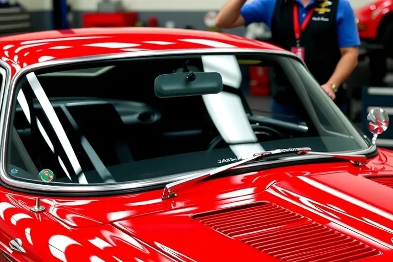 A detailed close-up of a Lister Storm 7.0 V12 Jaguar 594 hp car with a newly installed windshield, showing the sleek glass and the car's distinctive body lines, in a workshop setting with a mechanic in the background, no text or lettering