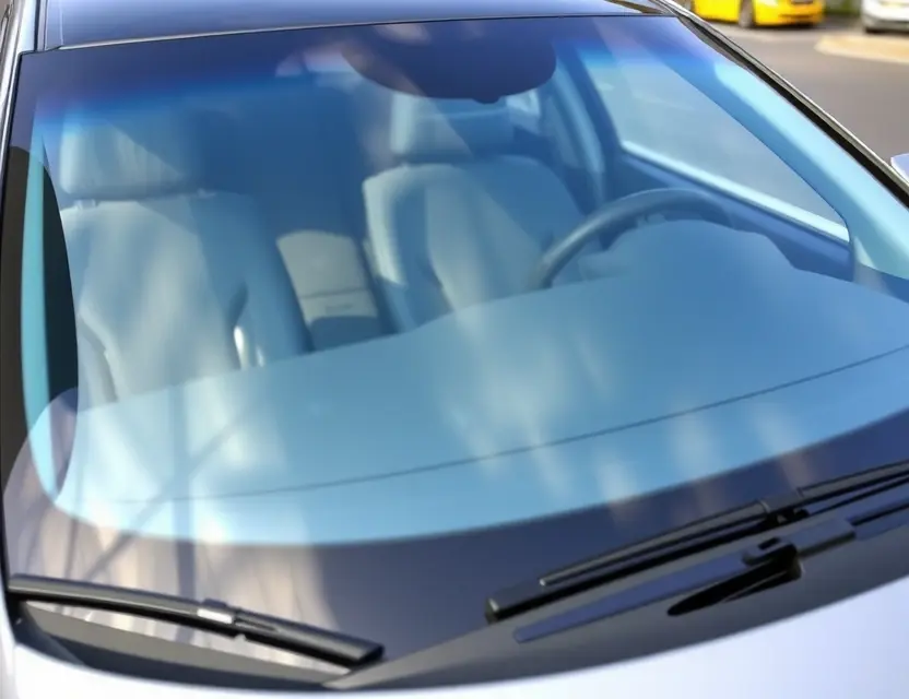 A high-quality image depicting a modern car with a replaced windshield. The windshield is clear and seamless, reflecting the surrounding environment. The car is parked on a clean, well-lit street. Focus on the clarity and quality of the replacement glass.