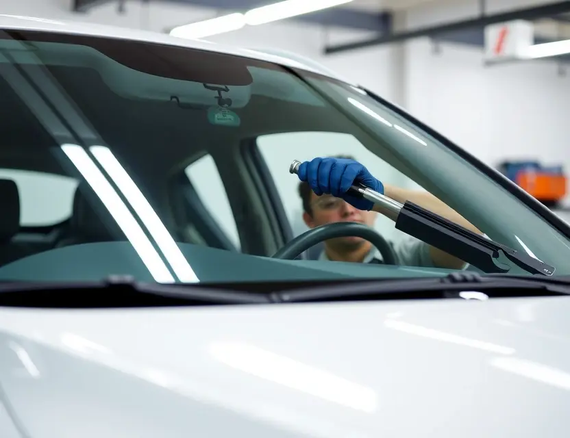 A close-up shot of a Dongfeng Fengshen E7 car windshield being replaced by a mechanic. The mechanic is wearing safety glasses and gloves, and the windshield replacement tools are visible. The background is a clean, well-lit garage.
