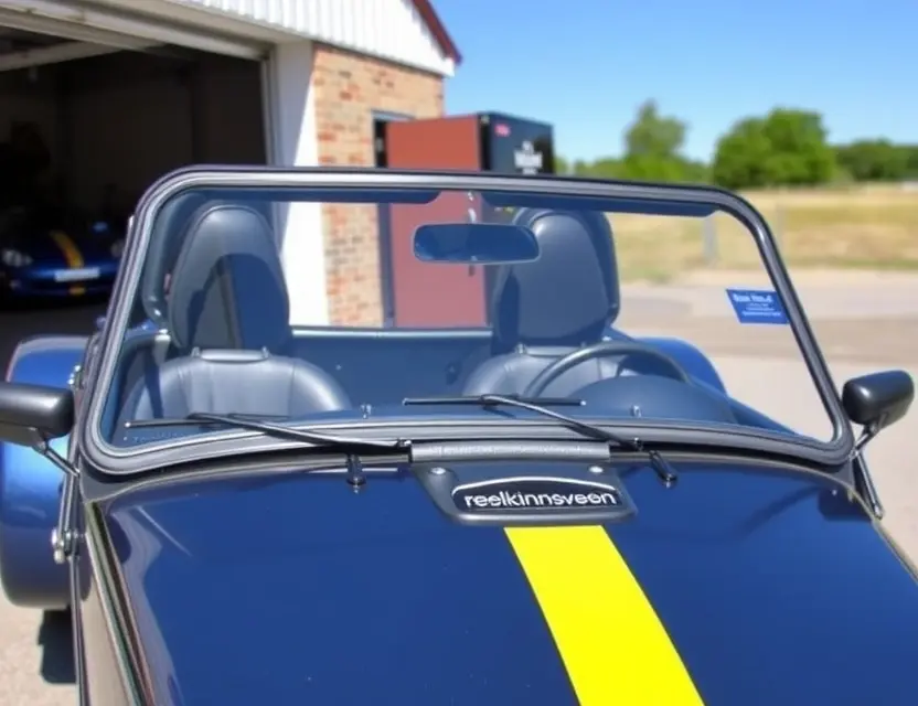 A Caterham Seven 420 with a replaced windshield, showcasing the new glass. The car is parked outdoors on a sunny day, with a clear blue sky and a slightly blurred background of a garage or workshop. Focus on the clarity and visibility of the replacement windshield.
