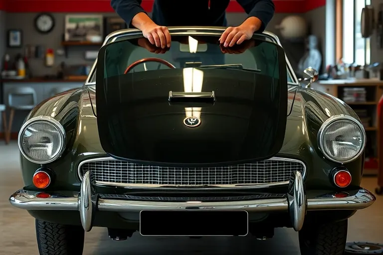 A classic 1960s Alvis TE automobile (model years 1963-1965) parked in a workshop, with its front windshield being carefully removed and replaced by a mechanic's hands and tools; the scene shows the car's elegant, vintage bodywork, the open hood, and the new glass positioned ready for installation, emphasizing the craftsmanship of the restoration, realistic lighting, and detailed textures