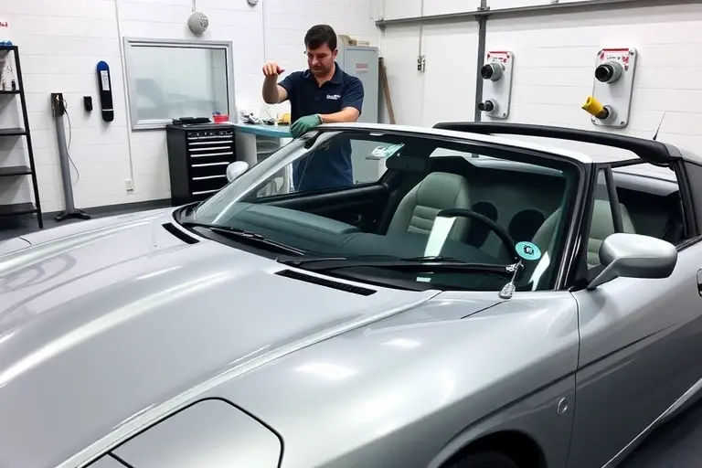A TVR Chimaera 4.0 V8 (1992) in a garage with its front windshield being replaced. Show the car from a side angle, the broken windshield removed and a new glass panel positioned for installation. Include a mechanic in safety gear handling the glass, with tools like suction cups and a rubber mallet nearby. Emphasize the sleek curves of the Chimaera and the detailed car body, with a clean workshop background.