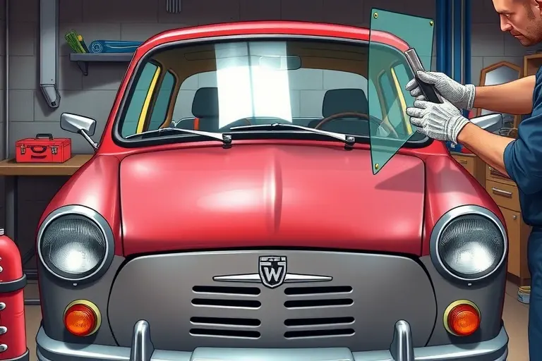 A detailed, realistic illustration of a Trabant P50 0.5 L two-stroke 18 hp car undergoing a windshield replacement. The image should show the front of the car with the old windshield partially removed, a new clear glass panel being fitted, and a mechanic in work gloves using a suction cup and a small pry bar. The setting is a workshop with a workbench, a small toolbox, and a light source highlighting the glass. The focus is on the car's front, the windshield area, and the tools, with clear, sharp details and a realistic color palette.