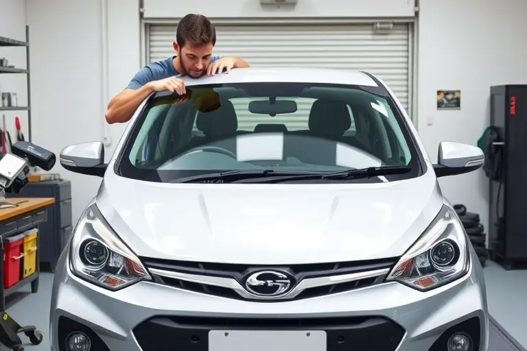 A mechanic replacing the windshield on a 2017 Chery Arrizo 5 1.5 Turbo 147 hp car. Show the car’s front with the old windshield removed, a new windshield being installed, and tools such as a suction cup, a glass cleaner, and a protective cover. The scene is set in a garage with a workbench, a car jack, and a clean, well‑lit environment. No text or brand logos should be visible.