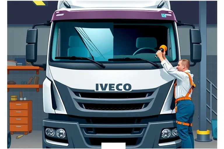 A realistic illustration of a mechanic replacing the windshield on an Iveco Massif 3.0 diesel truck (2007-2020). The image shows the front of the truck with the old windshield removed and a new windshield being installed. The mechanic is using a suction cup and a windshield removal tool, wearing a safety harness. The setting is a workshop with a workbench and proper lighting. Focus on the mechanical process and the truck's front.