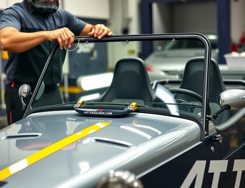 A high-quality close-up shot of a Caterham Seven 310 sports car with its windshield being replaced, showing a professional mechanic carefully handling the new glass panel, the car's lightweight aluminum chassis and distinctive open-wheel design visible, bright workshop lighting, sharp focus on the windshield frame and glass, realistic automotive repair scene, no text or logos