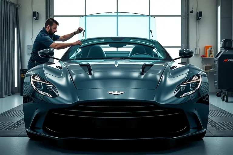 A high-resolution scene of an Aston Martin Valhalla hybrid (998 hp) in a modern garage, with a professional mechanic carefully removing the old windshield and installing a new one. The car is centered, sleek, with its distinctive aerodynamic shape visible, the open cabin area showing the windshield frame, tools such as suction cups and a glass-handling kit, realistic lighting, no text or branding.