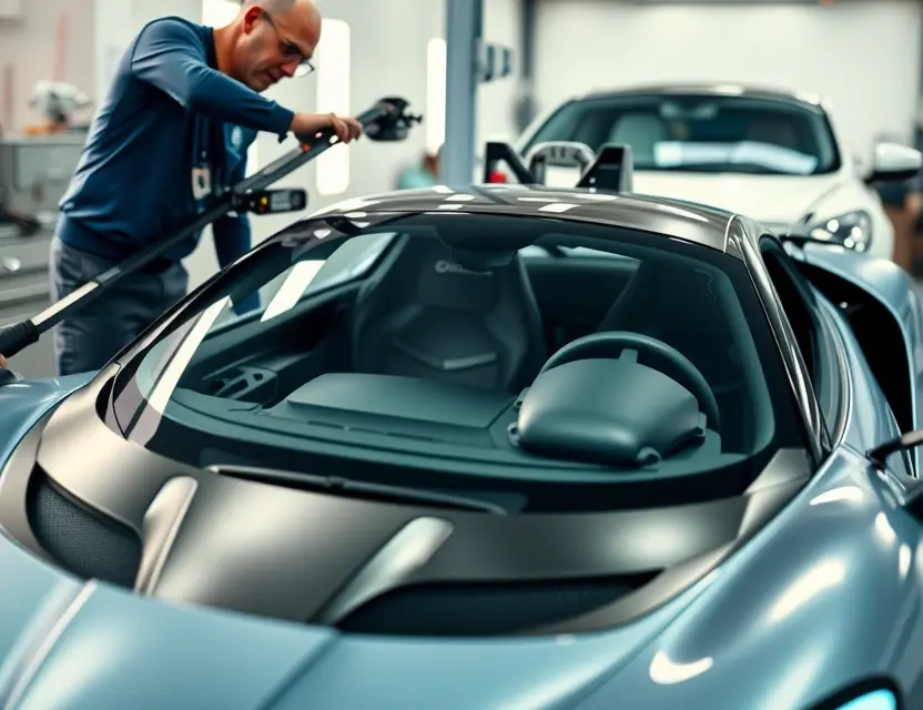 A high-quality, detailed image of a Rimac electric hypercar undergoing windshield replacement at a specialized automotive service facility. The car should be clean and well-lit, showcasing its sleek design. Technicians in professional attire are working on the windshield, using specialized tools. The background should be a clean, modern workshop environment.