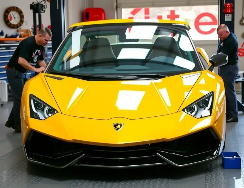 A high-quality image of a Lamborghini Revuelto with its front windshield being replaced. The car should be in a professional auto repair shop, with technicians carefully removing the old windshield and preparing to install a new one. The scene should include tools, equipment, and safety gear, emphasizing precision and expertise.