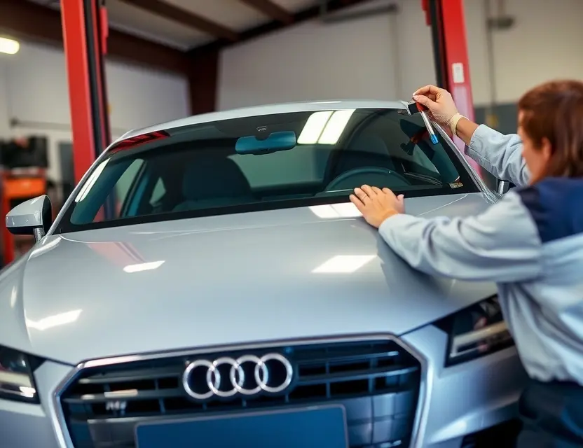 A mechanic is replacing the windshield of an Audi TTS in a garage. The car is raised on a lift, and the mechanic is using tools to remove the old windshield and install a new one. Focus on the car and the mechanic's hands working on the windshield.